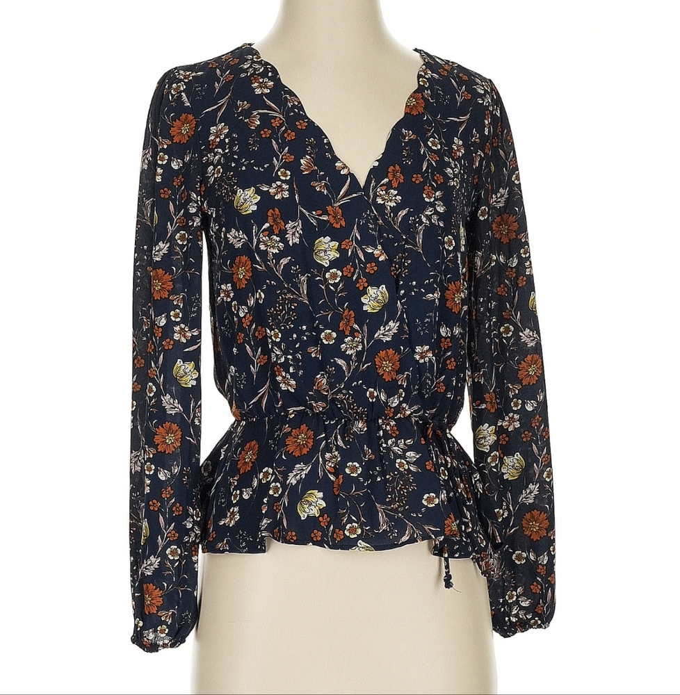 Nine Britton Blue Wrap Peplum Blouse with Notched Collar